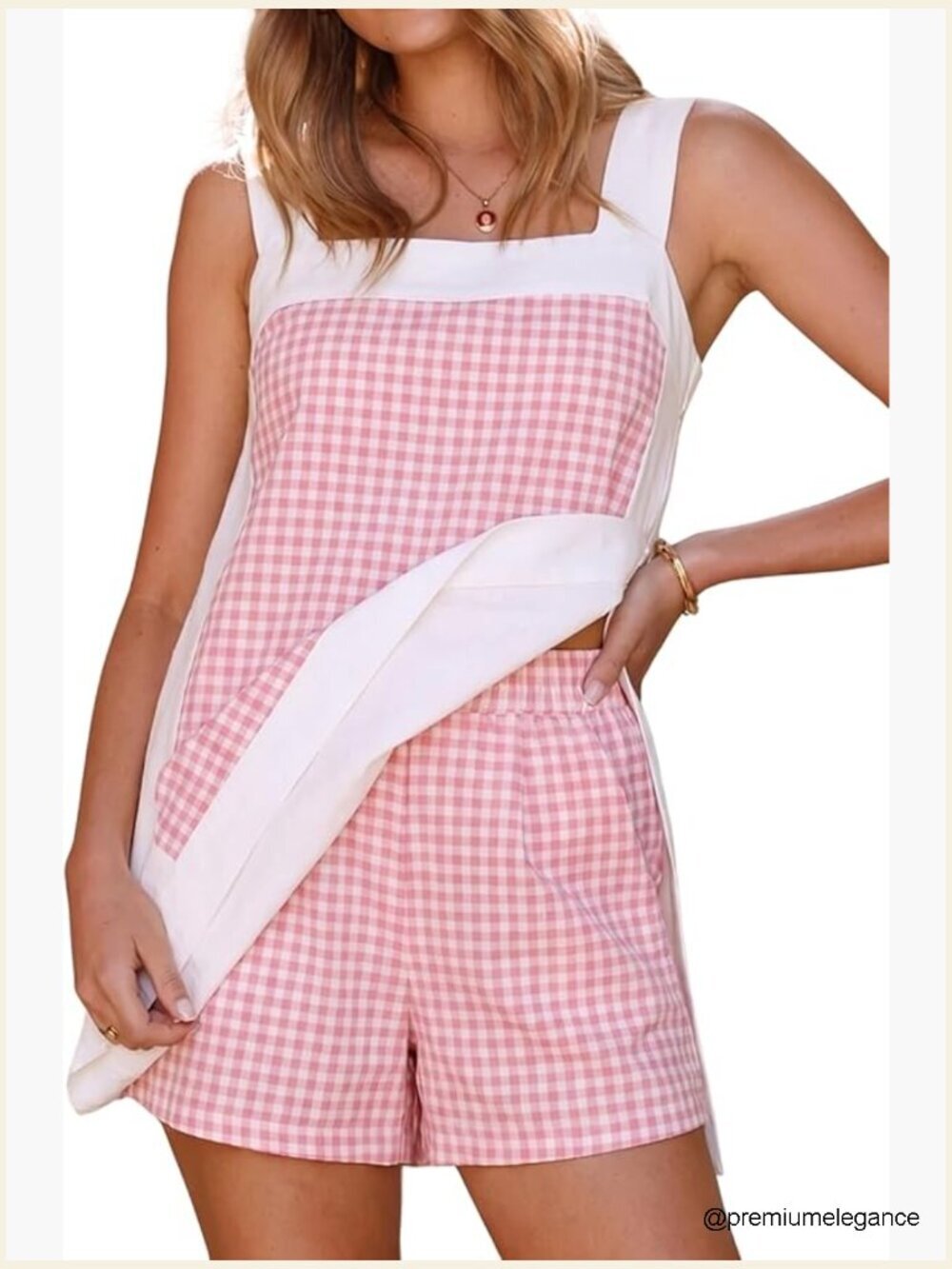 Gingham Two Piece Outfit Sleeveless Square Neck Top Elastic Waist Shorts Set